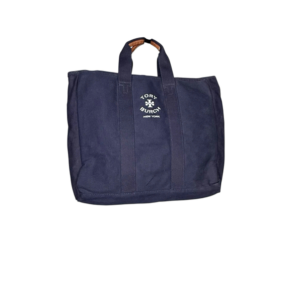 Tory Burch Canvas Large Tote Top Double Handles Durable Travel Bag In Dark Blue - Picture 1 of 9